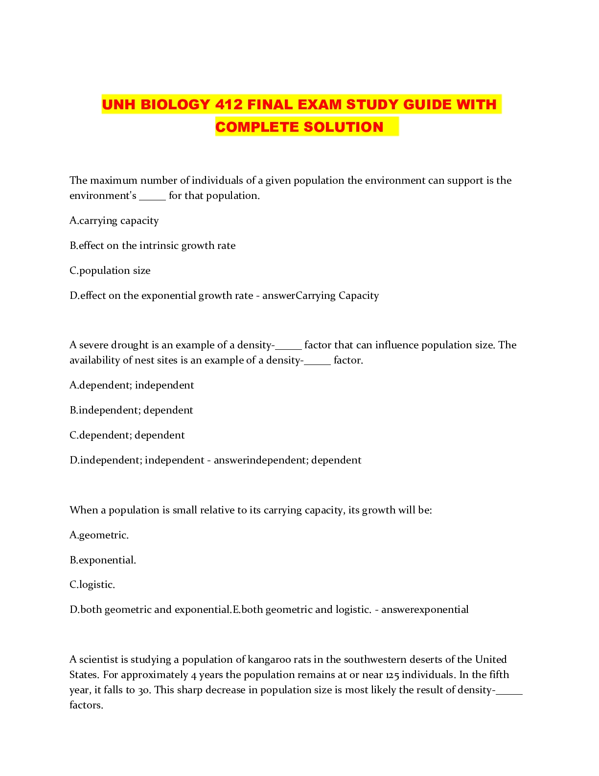 Preview image of UNH BIOLOGY 412 FINAL EXAM STUDY GUIDE WITH COMPLETE SOLUTION document